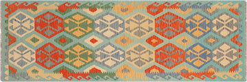 Flat Weave Kilim, Antique, Navaho, Vintage, Handmade, Geometric Kilim Blue Rust Hand-Woven Runner 100% Wool Area Rug 3 x 9
